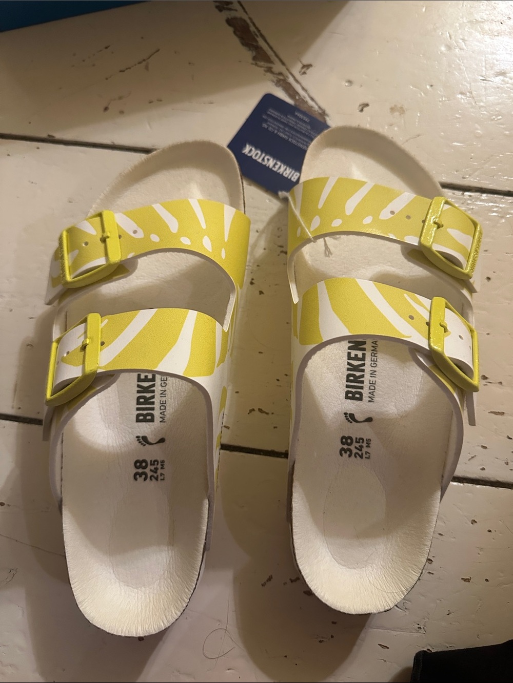 Birkenstock Vegan Yellowish Green White Monstera-Print Arizona Sandals